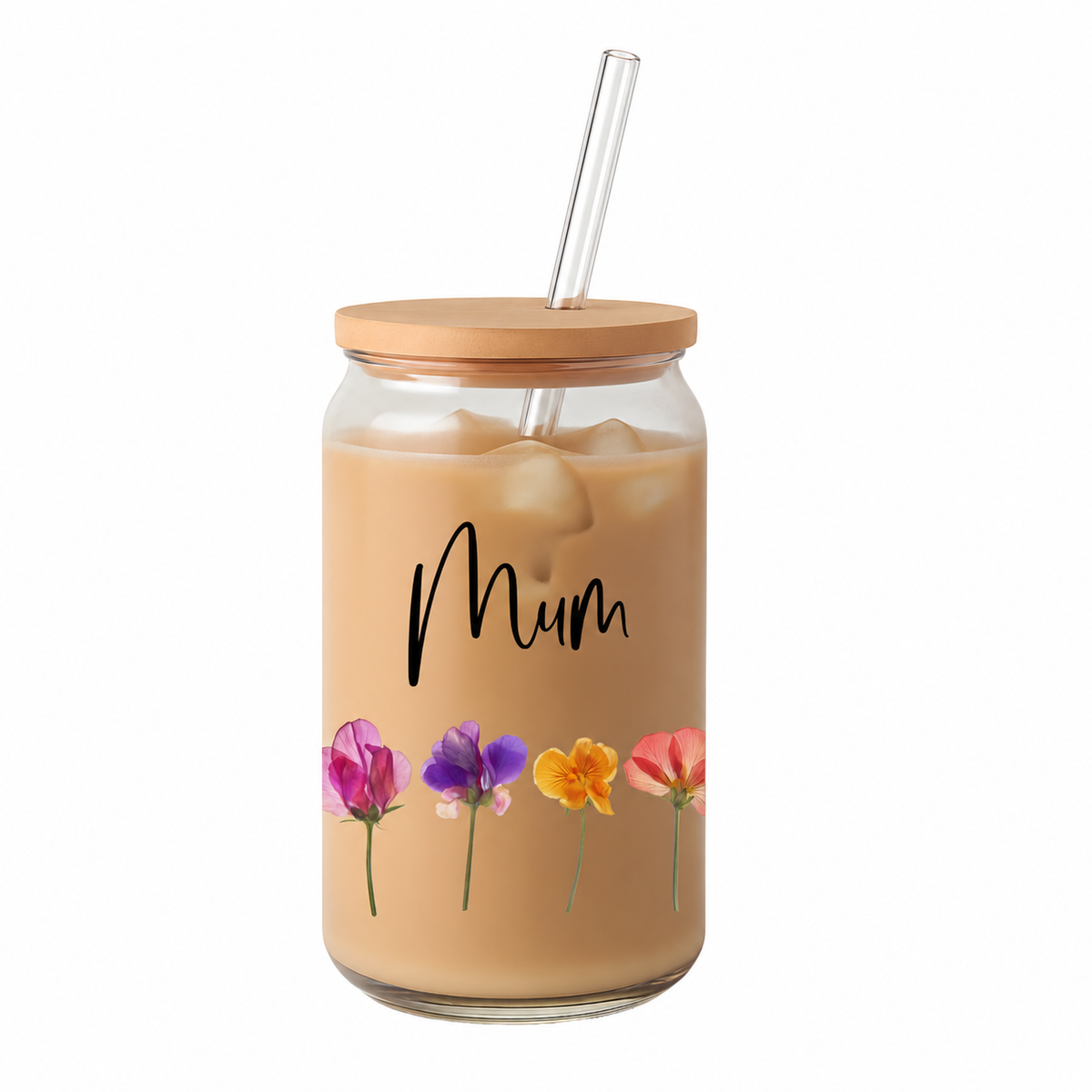 Personalised Mum Floral Iced Coffee Glass with Lid & Glass Straw