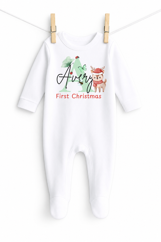 First Christmas Personalised Baby Sleep Suit Set Green
