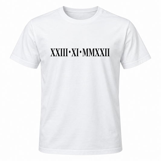 Personalised Roman Numeral Date T-Shirt Initial & Heart Sleeve