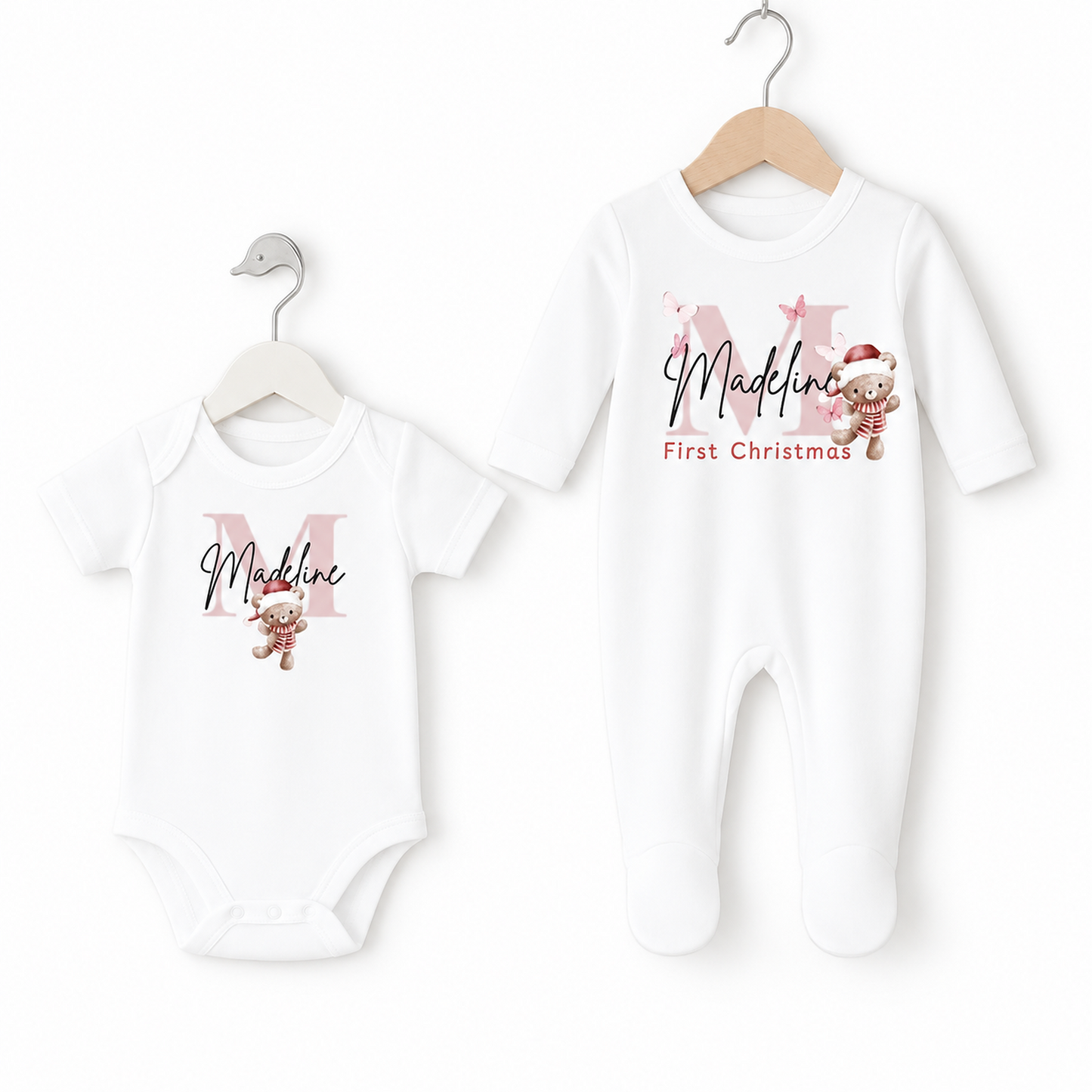 First Christmas Personalised Baby Sleep Suit Set Pink