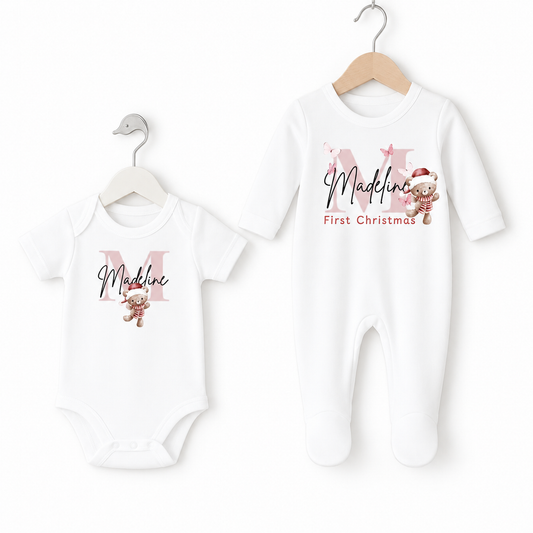 First Christmas Personalised Baby Sleep Suit Set Pink