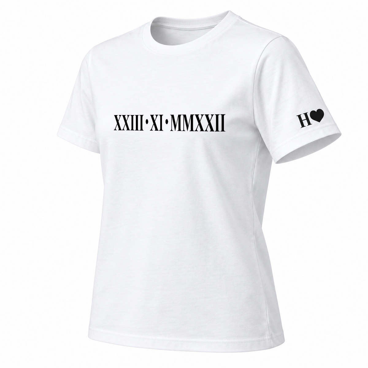 Personalised Roman Numeral Date T-Shirt Initial & Heart Sleeve