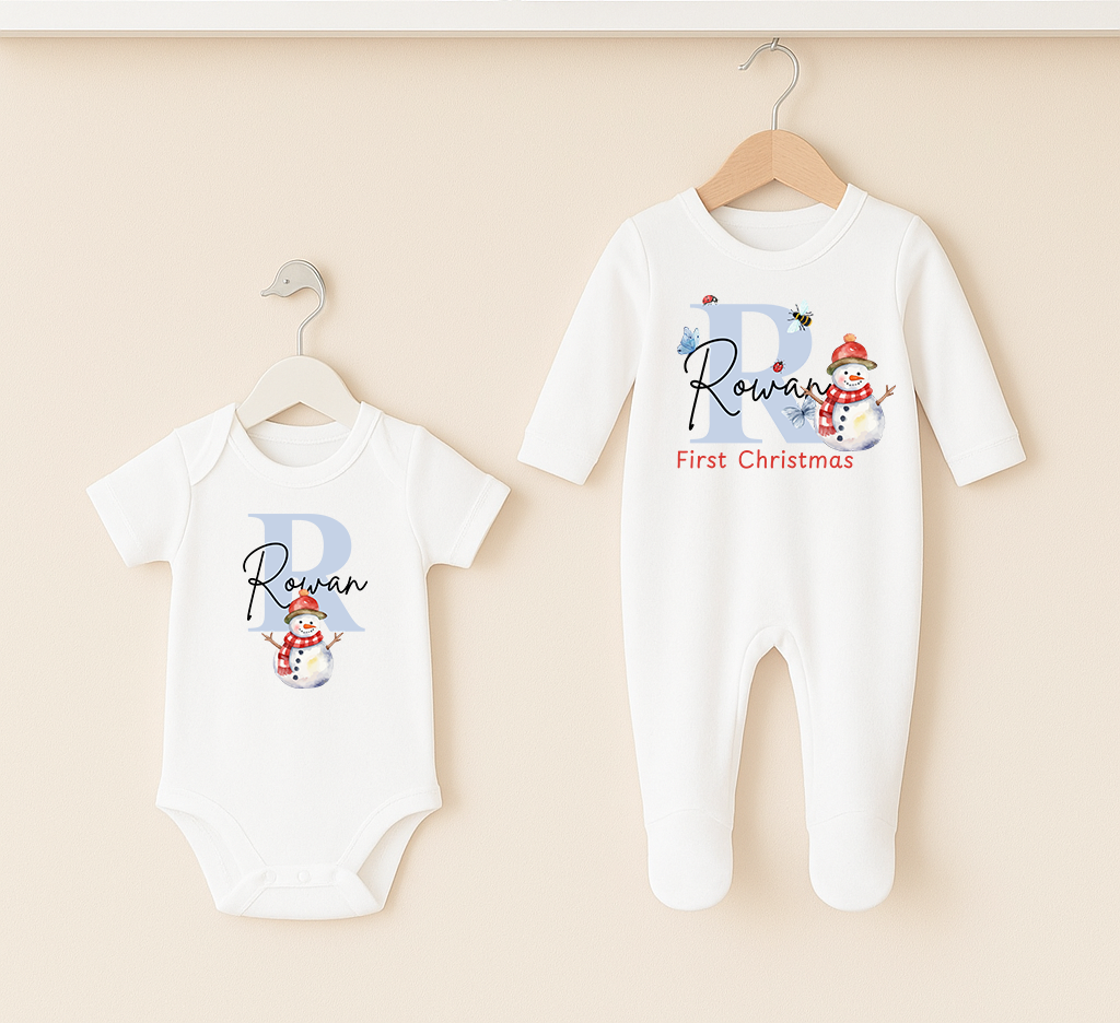 First Christmas Personalised Baby Sleep Suit Set Green